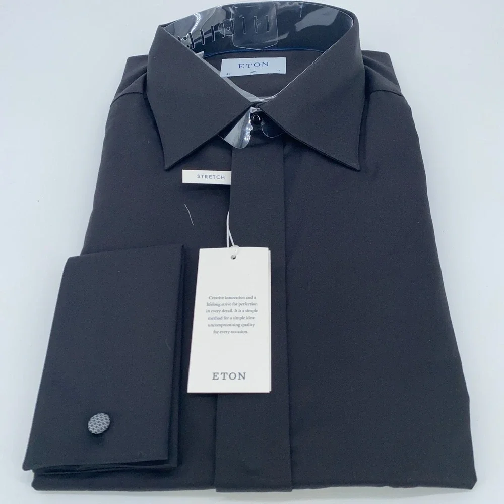 Eton Dress Shirt Mens XL 17 - 43 Black Fine Twill‎ Stretch Slim Collar Button Up